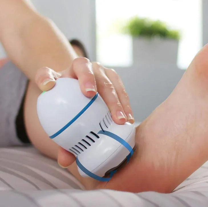 Beige electric foot file grinder with diamond grinding heads and USB charging cable