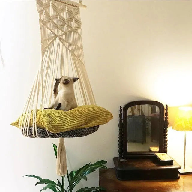 Handmade macrame pet swing cage rectangular plain pattern cotton rope hanging bed for cats