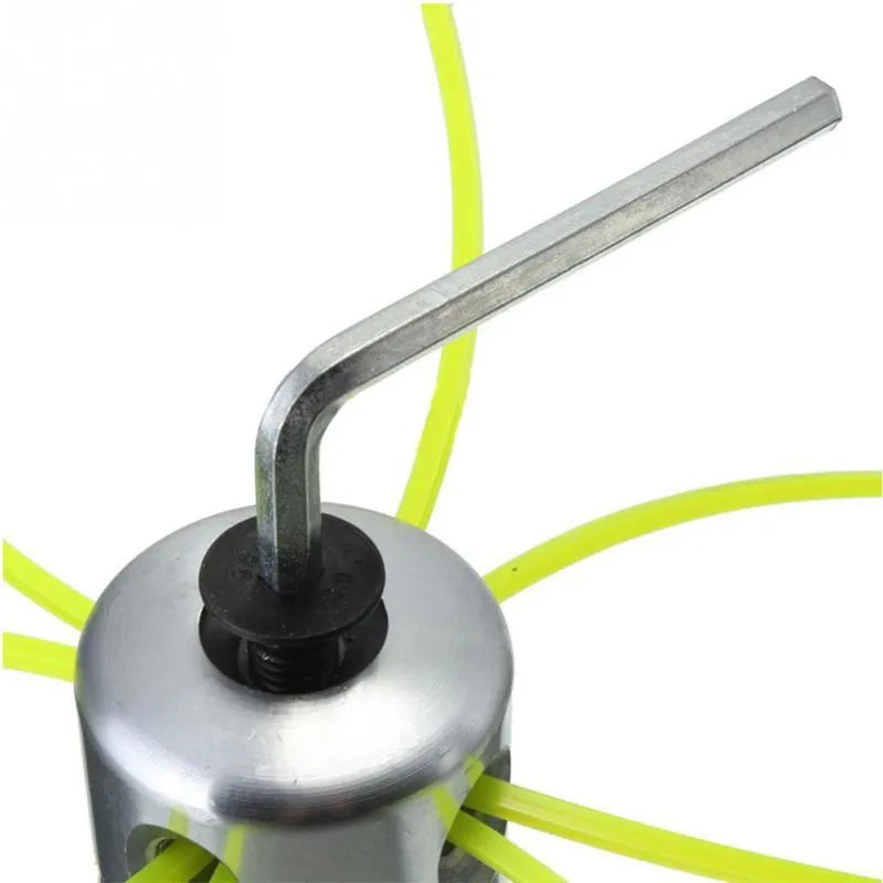 Silver aluminium cylinder grass trimmer head with four light yellow square grass ropes