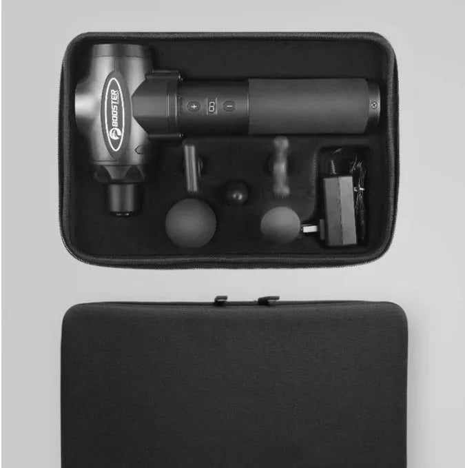 Black and white cordless massage gun with adjustable speed settings for muscle relaxation.