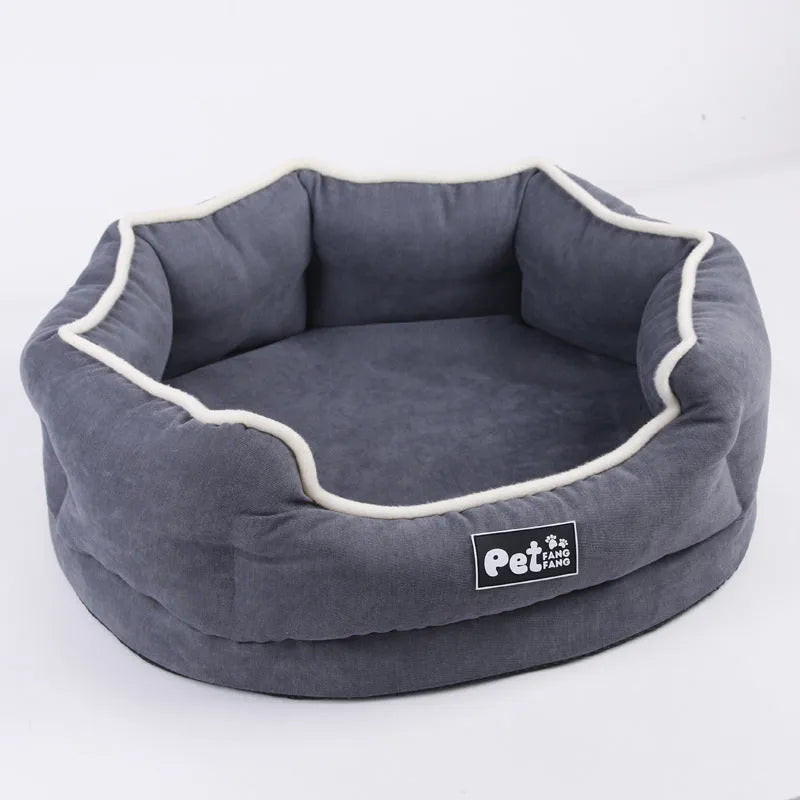 Blue memory foam pet cushion on floor with dog sitting on it, size L option shown