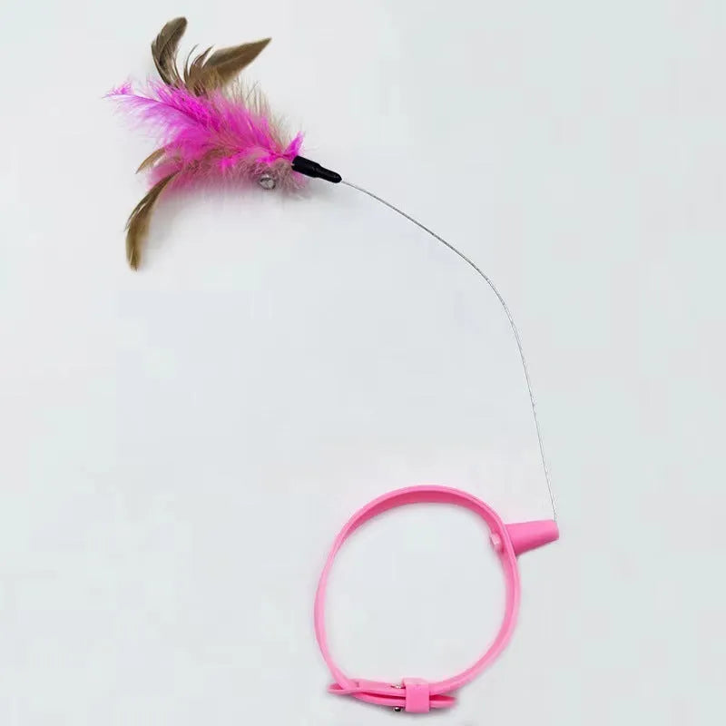 Blue adjustable cat collar toy with silicone teasing wand and feather attachment with bell