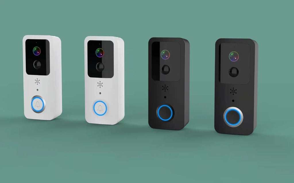 Waterproof smart HD visual doorbell with a rechargeable battery on a doorstep.