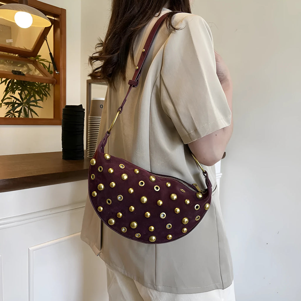 Retro rivet bag in frosted imitation buckskin with suede finish, dumpling shape, single shoulder strap, in khaki colour