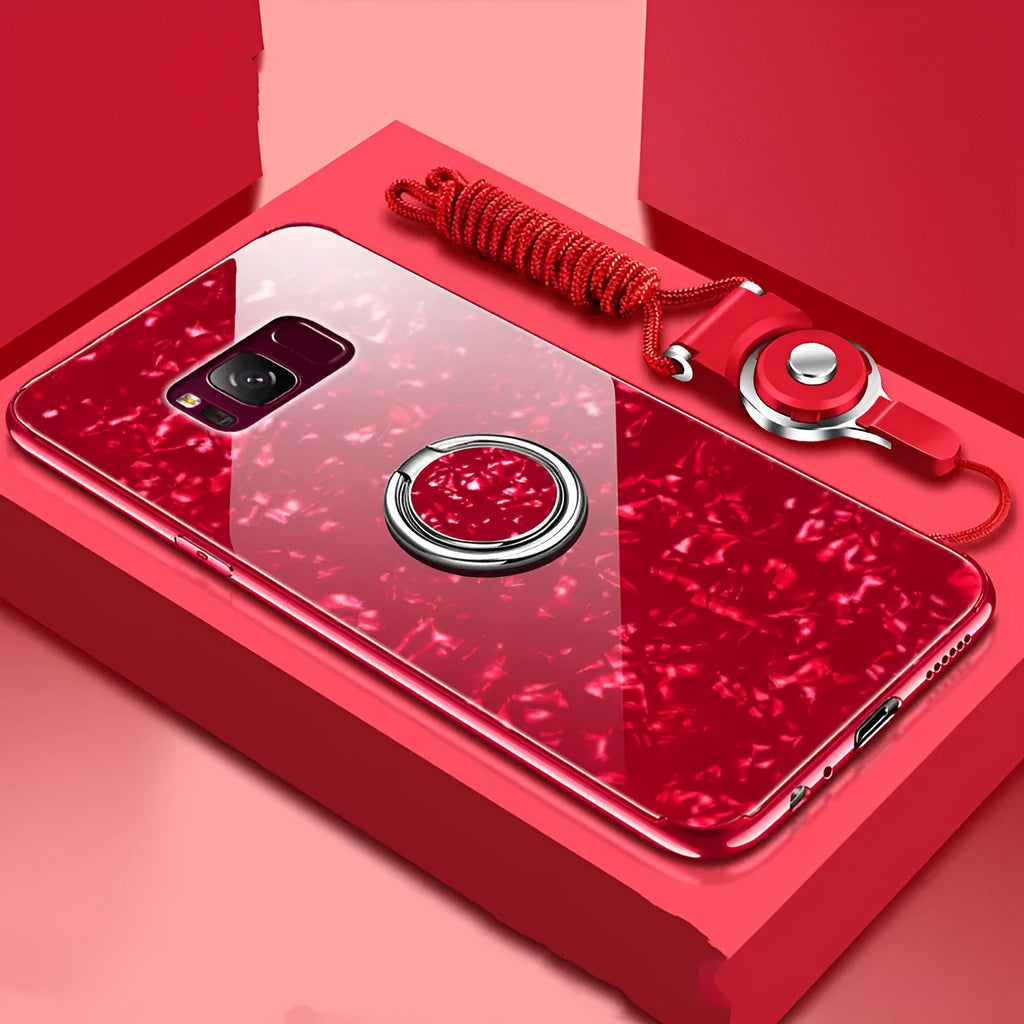 Tempered glass phone case for Samsung Galaxy S8 and S9 in black, pink, red, and white colours.