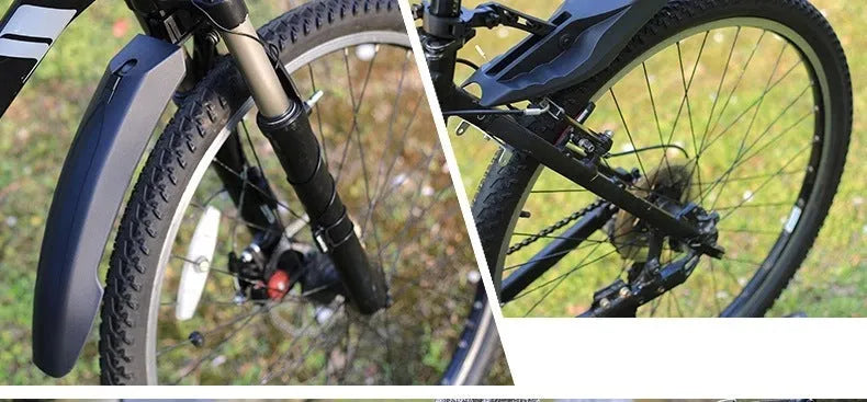 Mountain bike mudguard with quick-release design and rear tail light, black, on a front fork