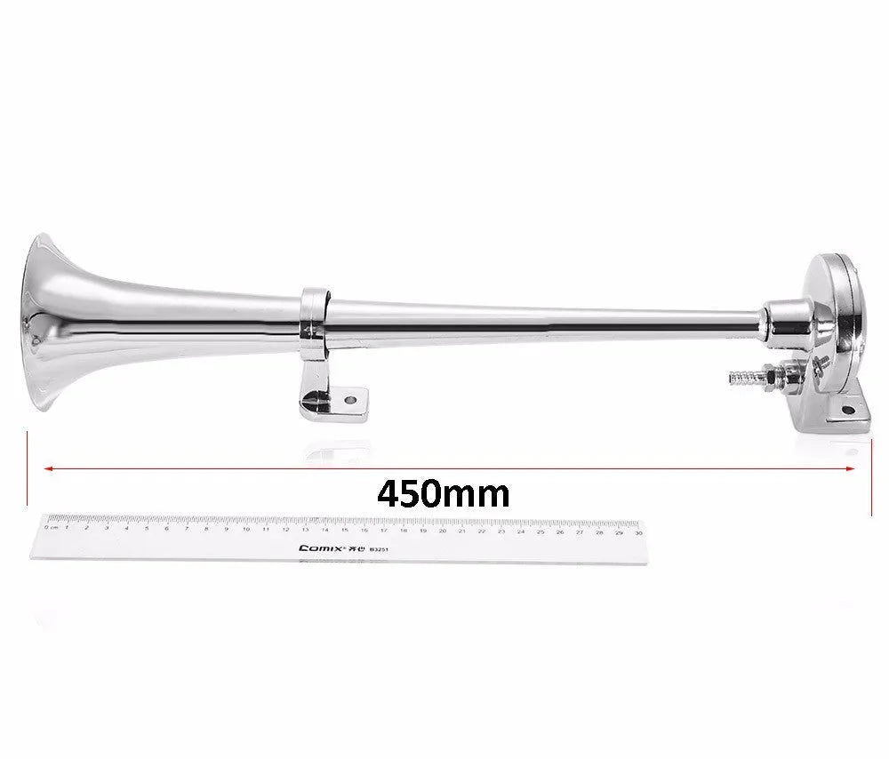 Single trumpet loud car horn with chrome finish, 450mm length, 12V for vehicles