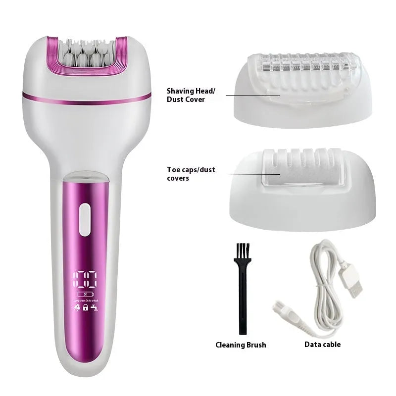 Pink three-in-one electric depilator with plucking head, shaver, foot grinder, and USB charging cable on white background