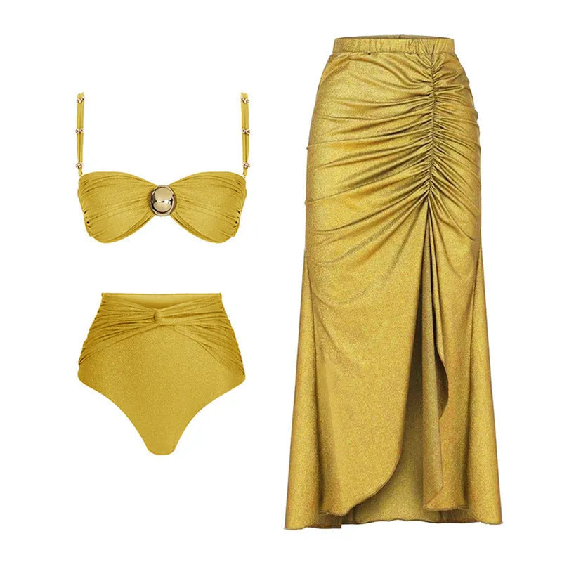 Yellow and green women's high-waist bikini set with separate top, pants, and a wrap skirt.