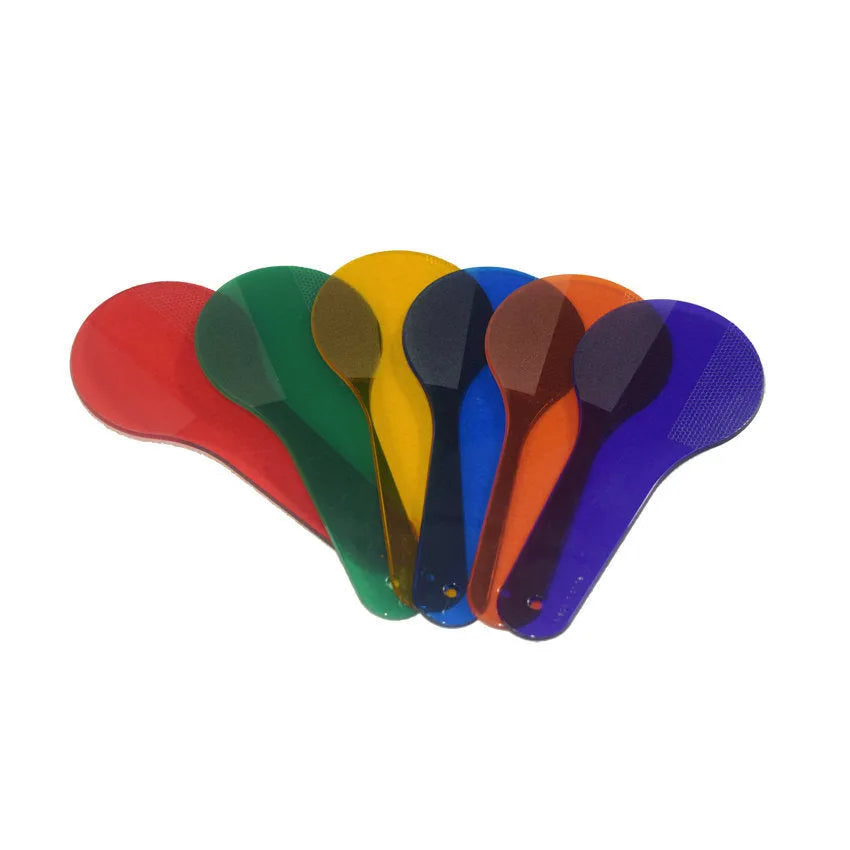 Six colourful PVC learning boards for children, showing red, yellow, blue, green, orange, and purple.