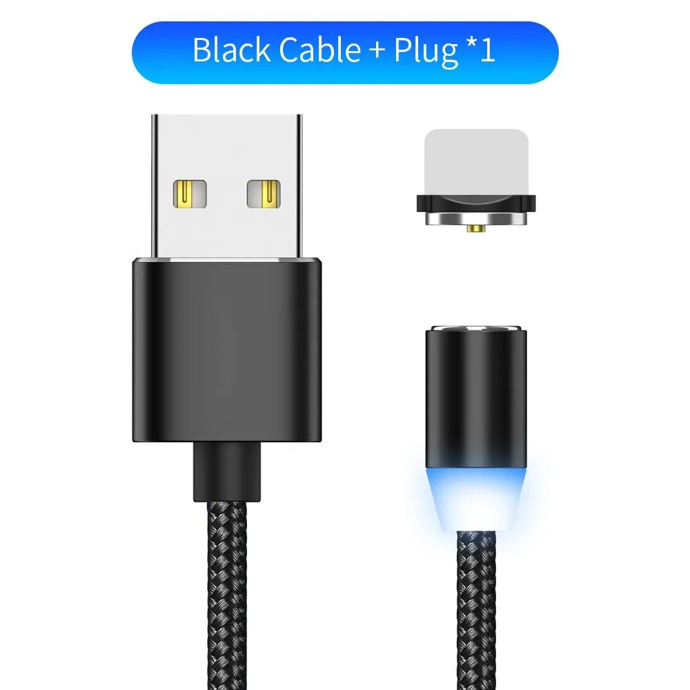 1 metre magnetic LED charging cable with cotton woven cord and three-in-one connector in aluminium shell