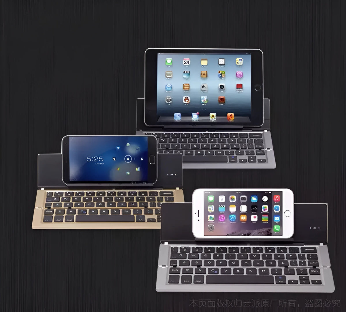 Foldable aluminium wireless Bluetooth keyboard in silver, compatible with Apple, Android, and Windows devices