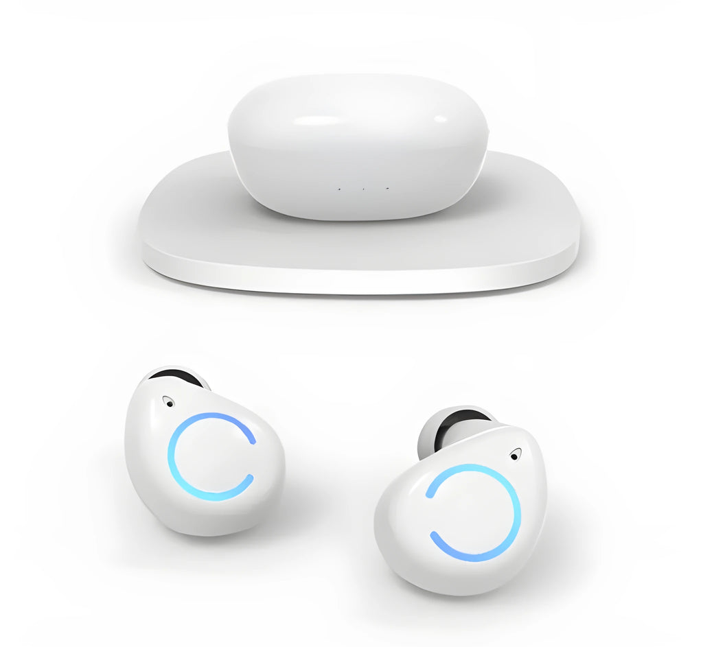 M18 true wireless stereo in-ear headphones in black and white colours showing compact design