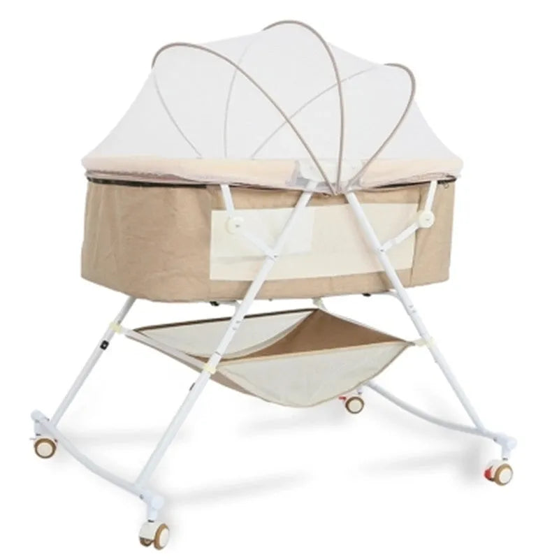 Foldable European style newborn crib with iron frame, shaker, roller, and mosquito net in a nursery setting