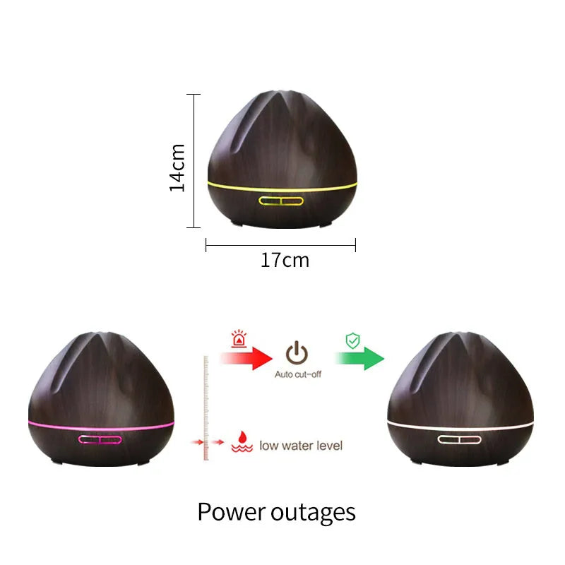 Air humidifier aromatherapy machine with 500ml capacity and light wood finish placed on a desk