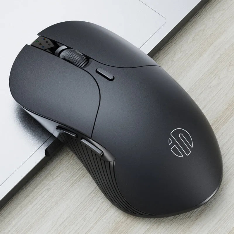 Black wireless voice mouse with six buttons showing compact dimensions of 123mm x 35mm x 65.5mm