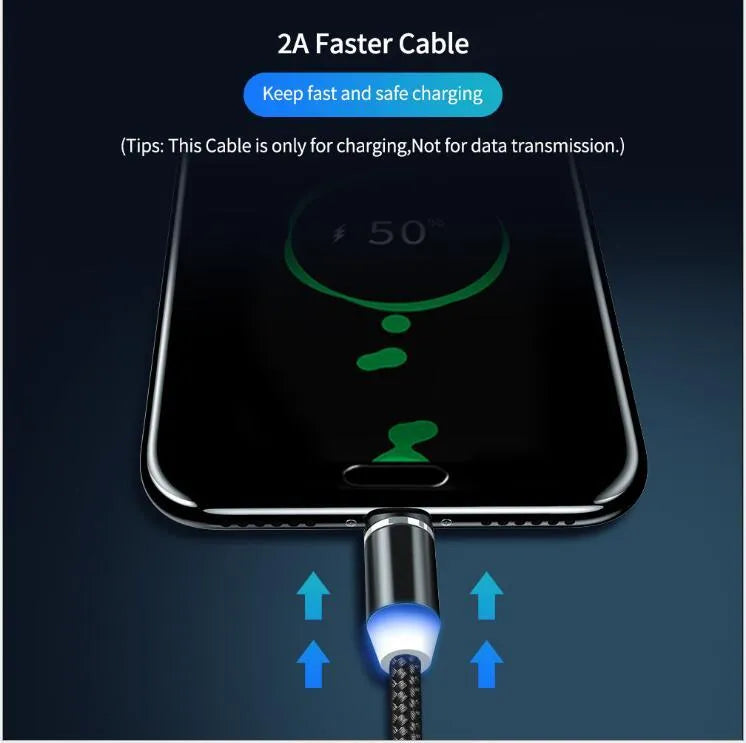 1 metre magnetic LED charging cable with cotton woven cord and three-in-one connector in aluminium shell