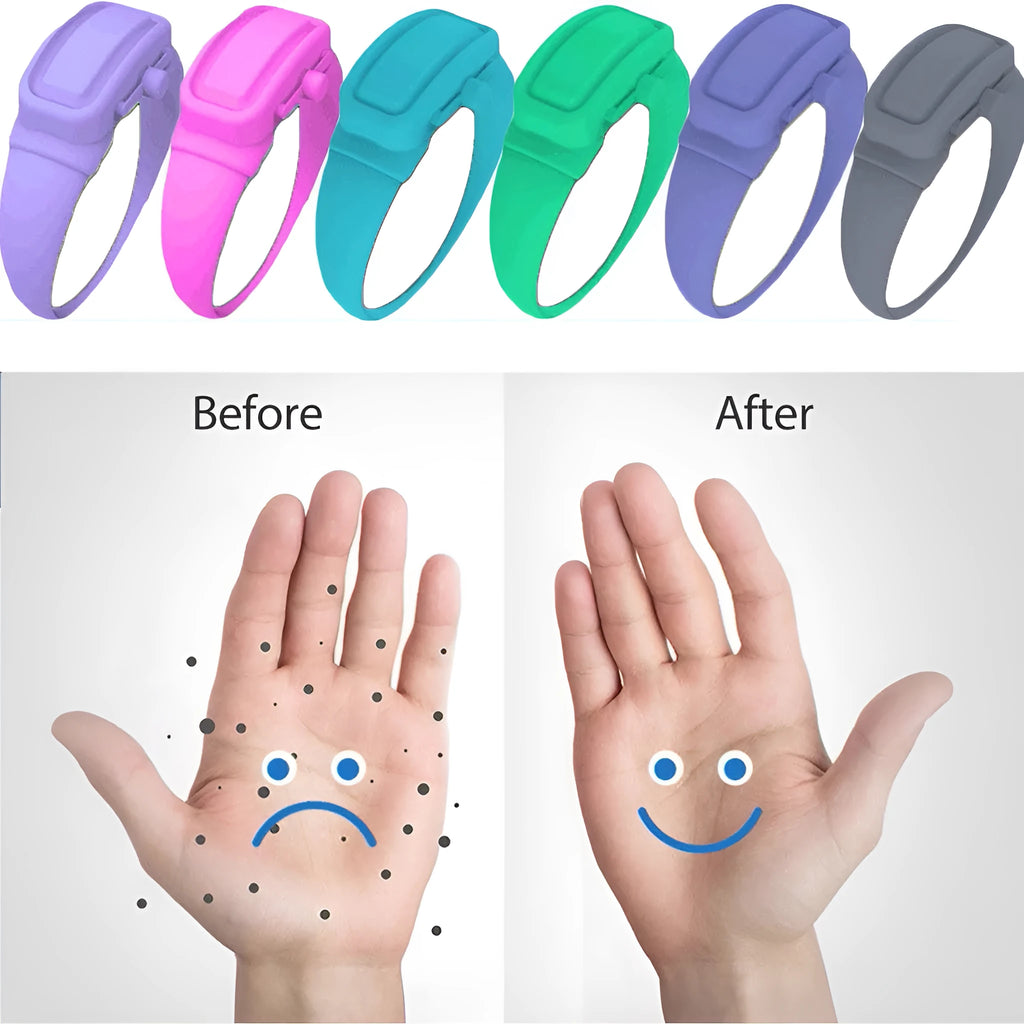 Portable hand sanitizer dispenser silicone wristband with refill cap, black band holding 6mL bottle