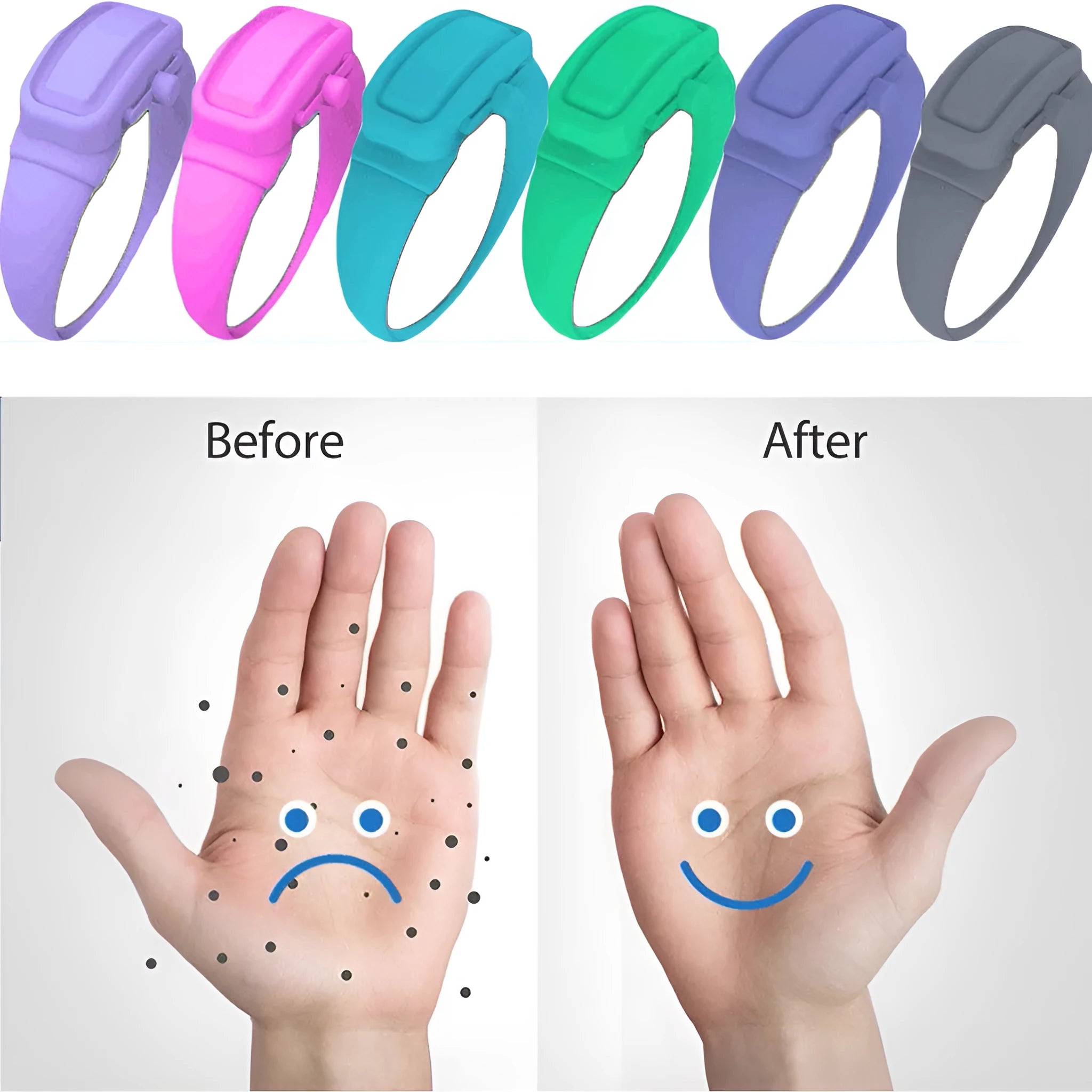 Portable hand sanitizer dispenser silicone wristband with refill cap, black band holding 6mL bottle