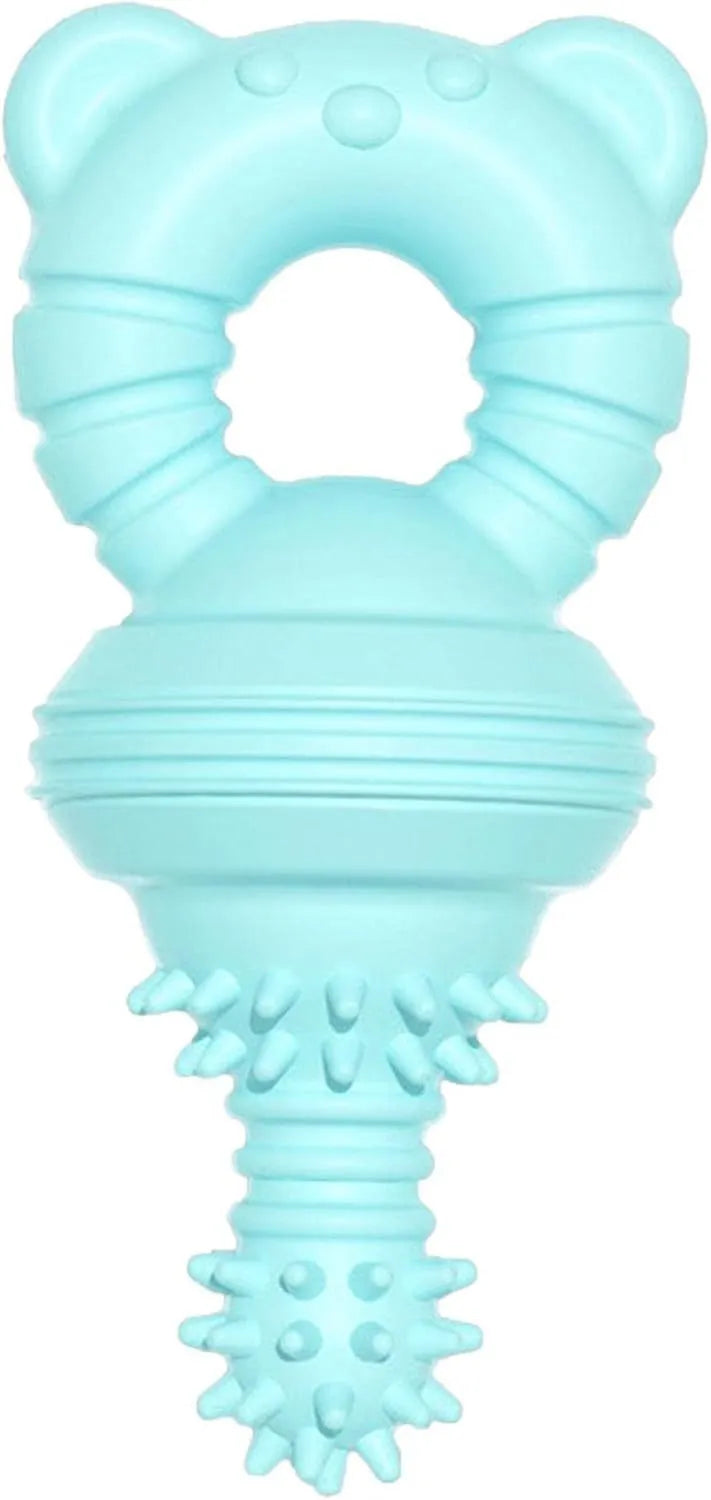 Blue green and pink rubber dog chew toy with textured surface and bell for aggressive chewers and large breeds.