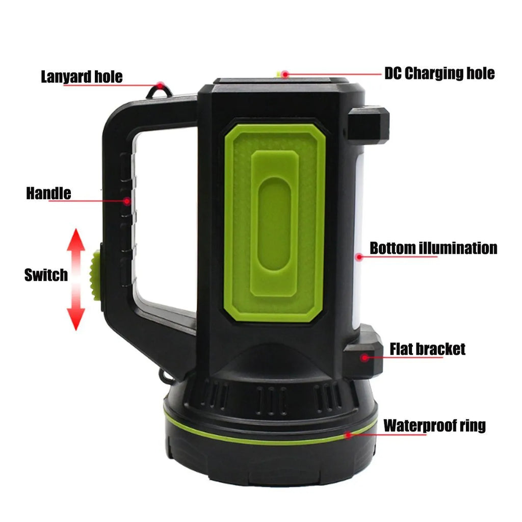 Green rechargeable LED flashlight with USB port on a dark background.