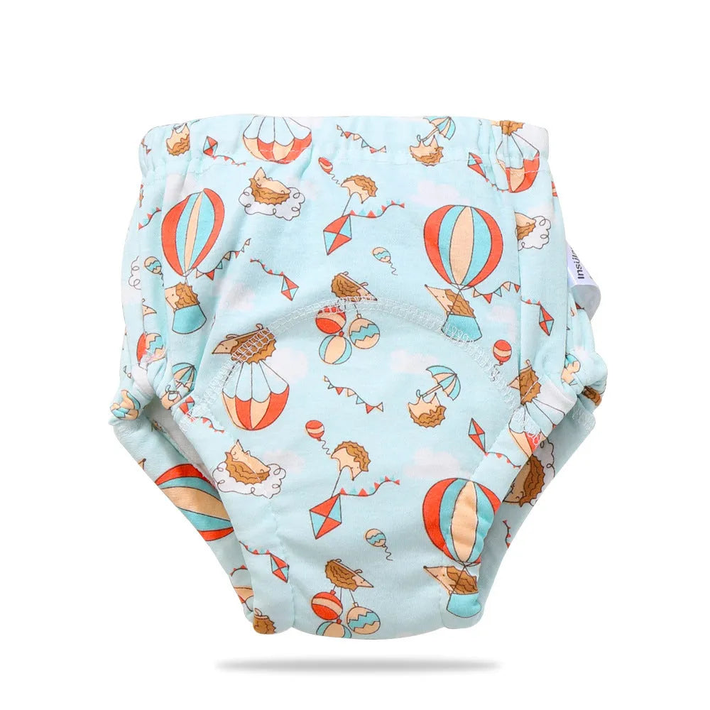 Baby training learning pants in cotton gauze with TPU waterproof layer, shown in panda print on white background