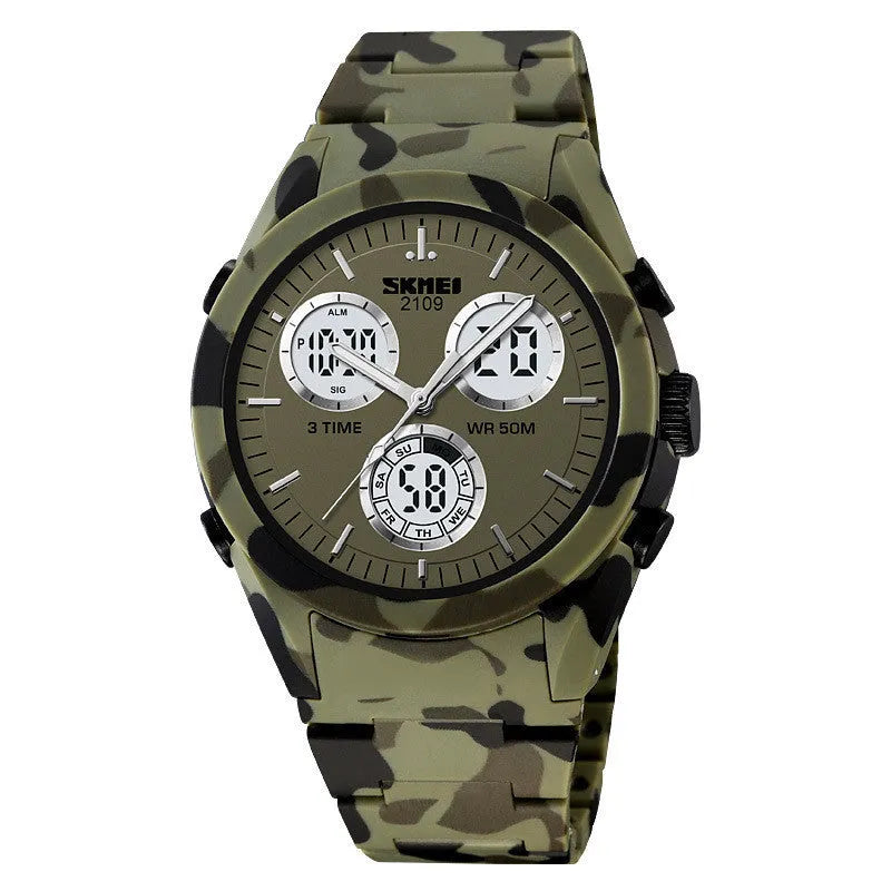 Unisex digital watch with camouflage strap, resin lens, and stainless steel button on a wrist.