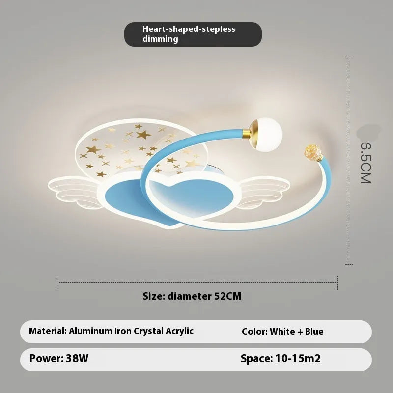 Children's room ceiling lamp with creative moon and cloud design in blue colour on a white ceiling.