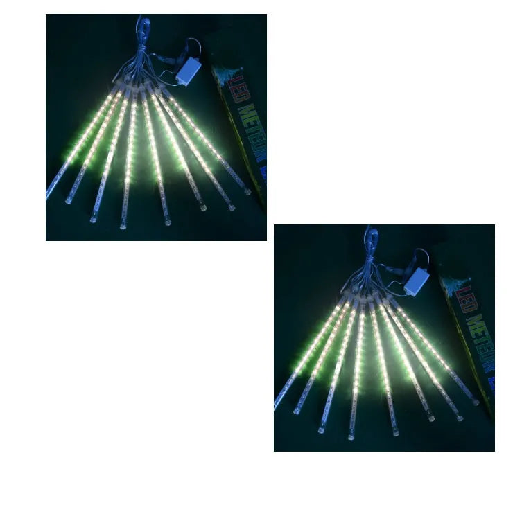 Outdoor waterproof LED meteor shower lights showing falling light effects in blue and white colours