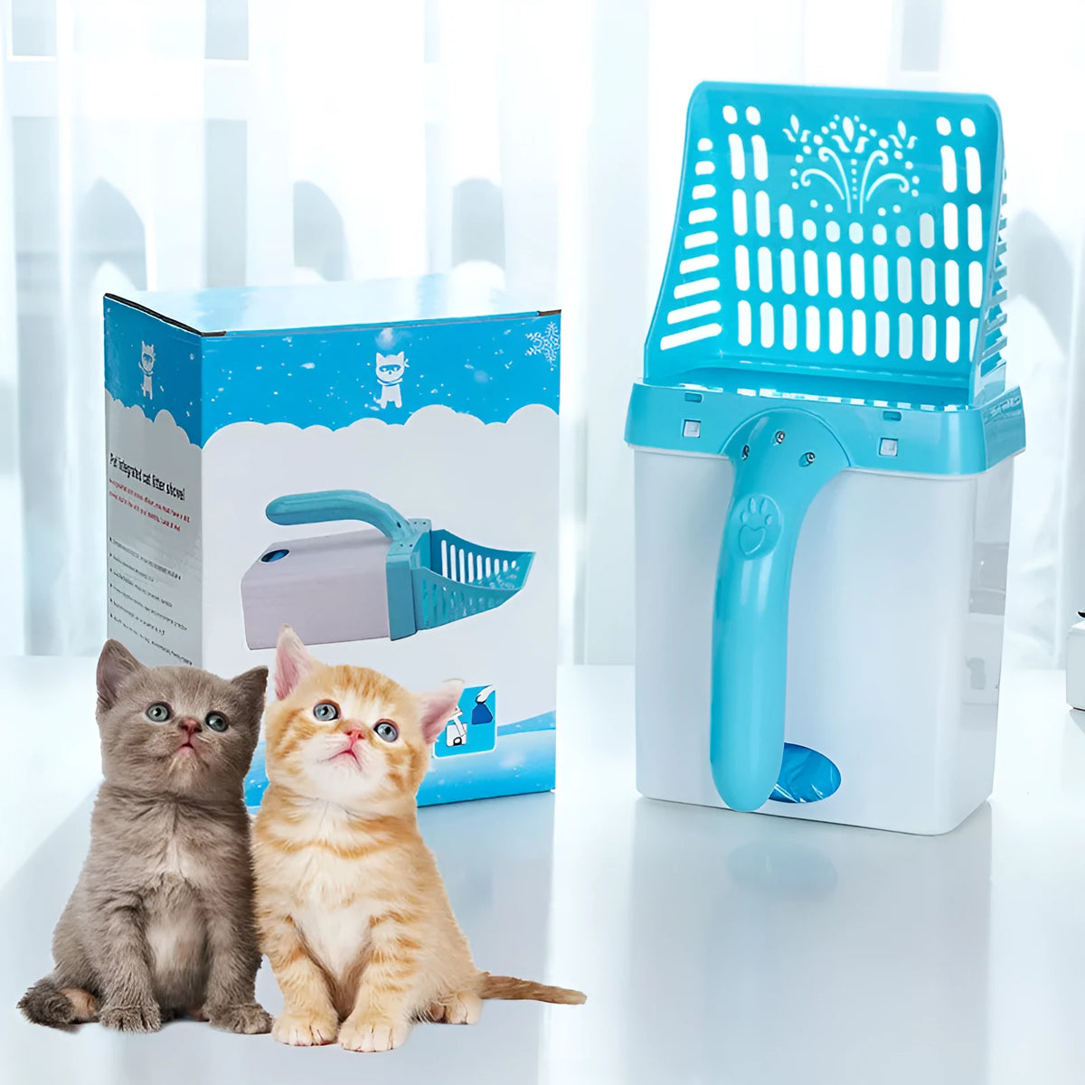 Neater Litter Scooper with attached waste bin and 15 scented bags, 24x10.5x5cm, in green or blue