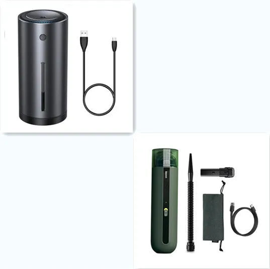 Starry sky black handheld cordless car vacuum cleaner with blowing hose accessory on a desktop.