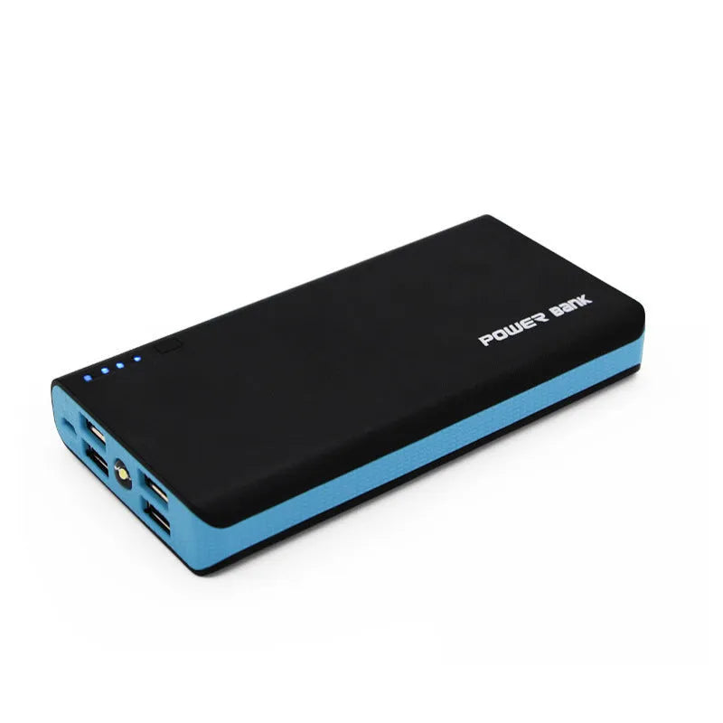 Blue 20000mAh portable power bank with two USB output ports and a micro-USB input port on a white background.