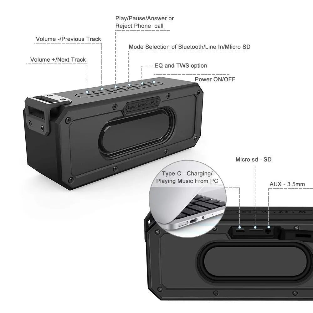 X3 PRO black or blue waterproof portable Bluetooth speaker with carrying rope