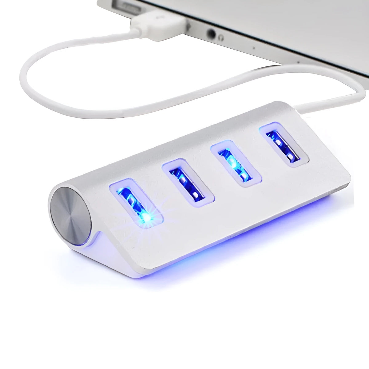 Silver USB-C to 4-Port USB 2.0 hub with aluminium alloy body on white background