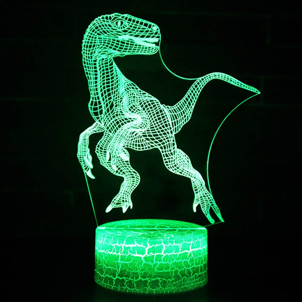 Colourful dinosaur-themed 3D night light with remote control on a table
