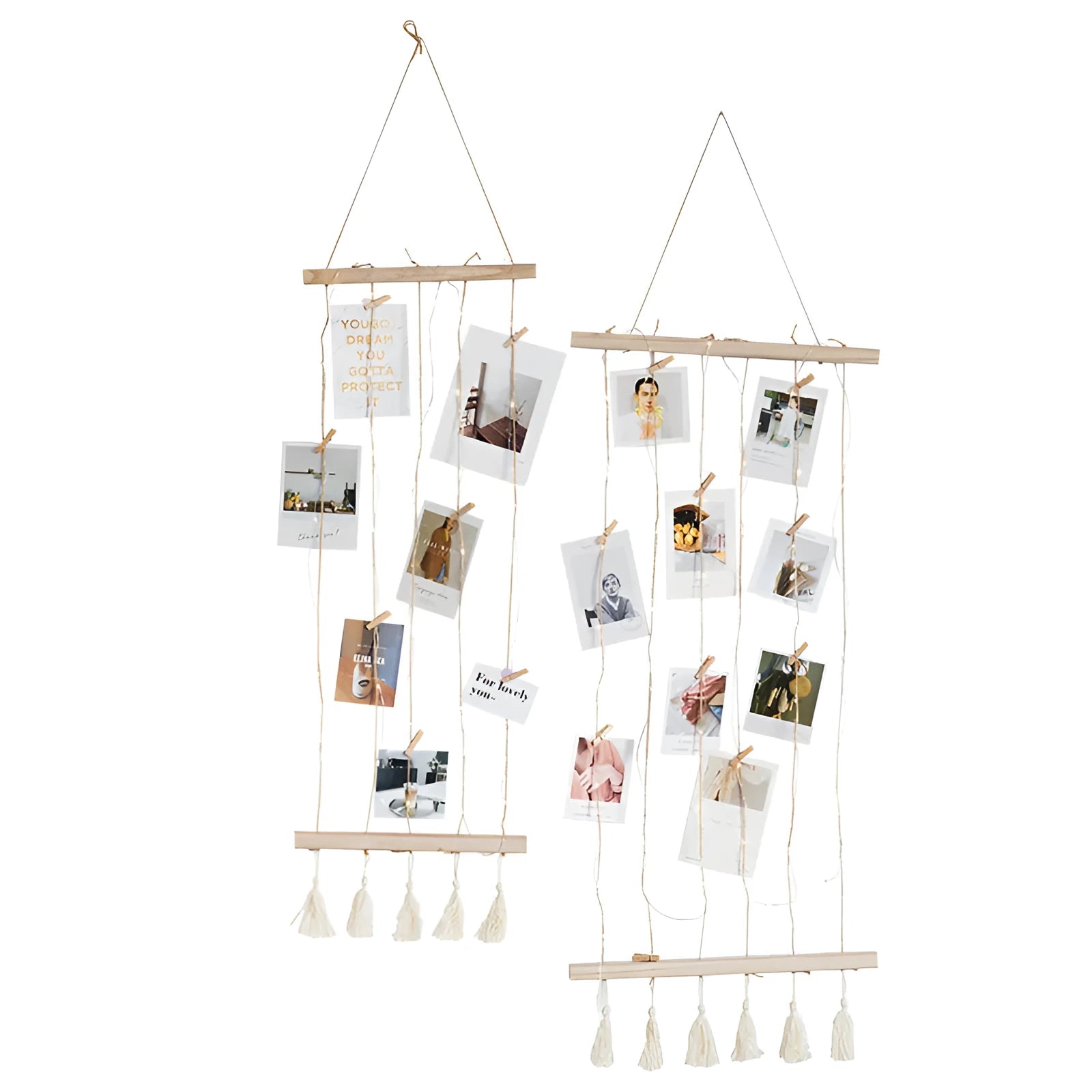 Wood and hemp rope photo wall hanging pendant with wooden clips, shown in small, medium, and large sizes.