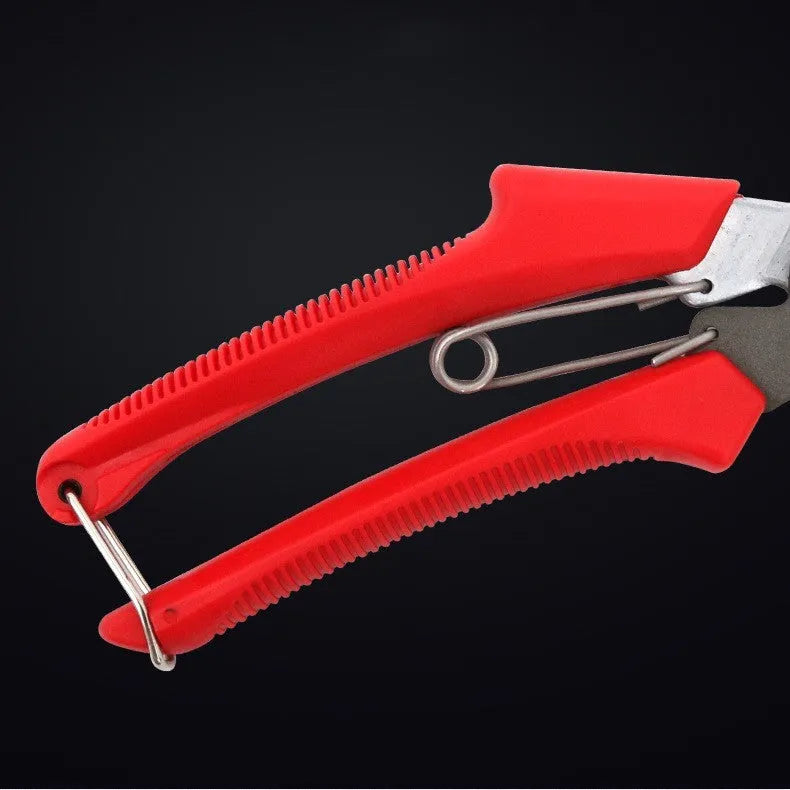 Red handle pruning scissors with SK5 steel blade, 200mm total length, 50mm blade, 120mm handle, 45mm maximum opening