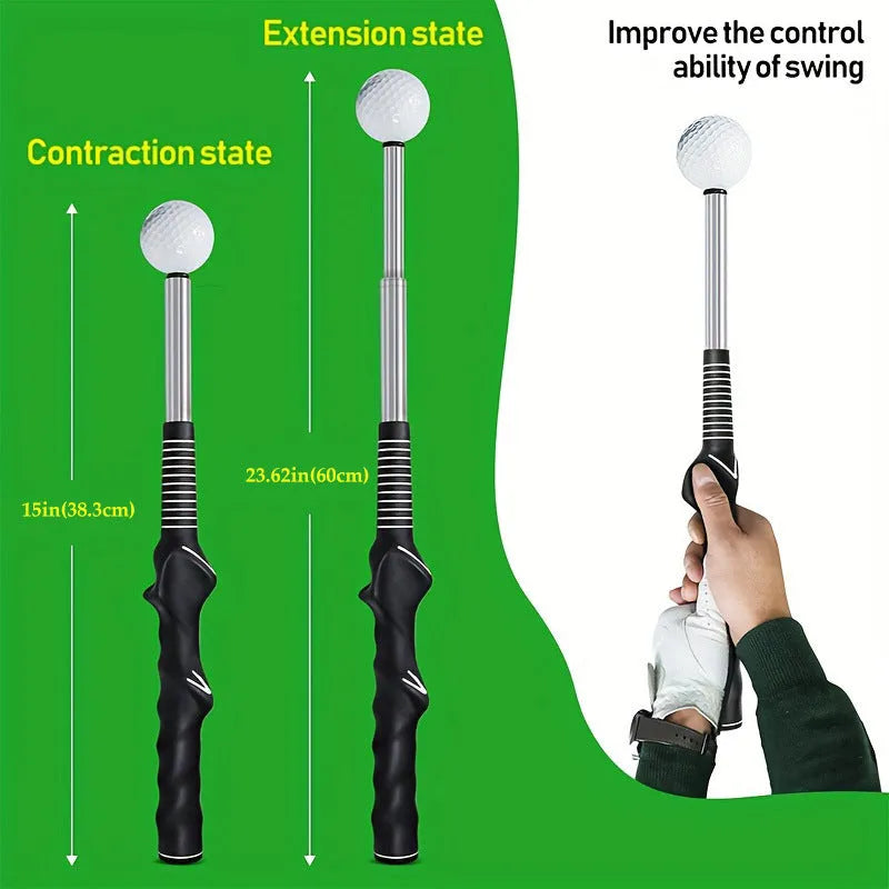 Telescopic stainless steel golf swing trainer in black, blue, and red colour options.