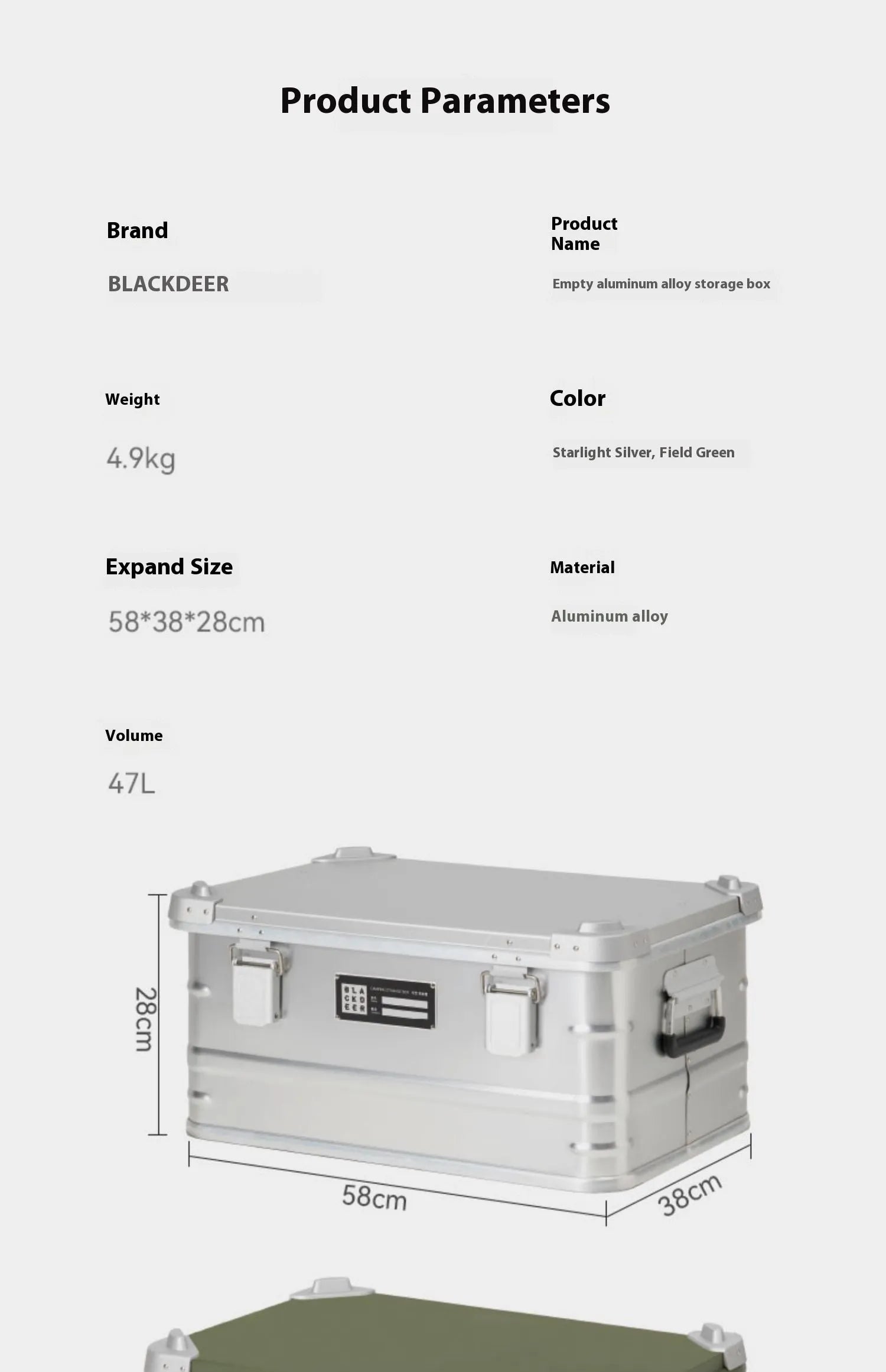 Field green aluminum alloy camping storage box with 58x38x28cm dimensions for vehicle-mounted equipment organisation