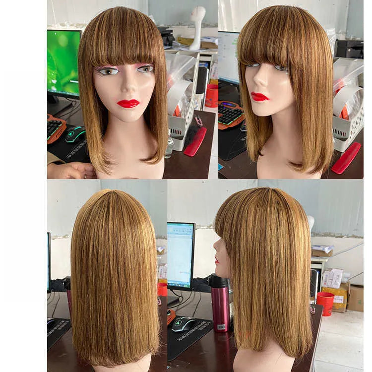 Short real hair wig with Qi bangs, P4/27 ombre colour, available in 8-14 inch lengths