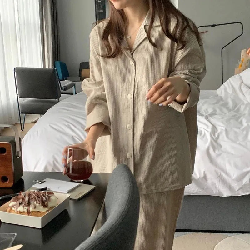 Women's simple stripe long sleeve casual loose home suit set with pants in striped pattern