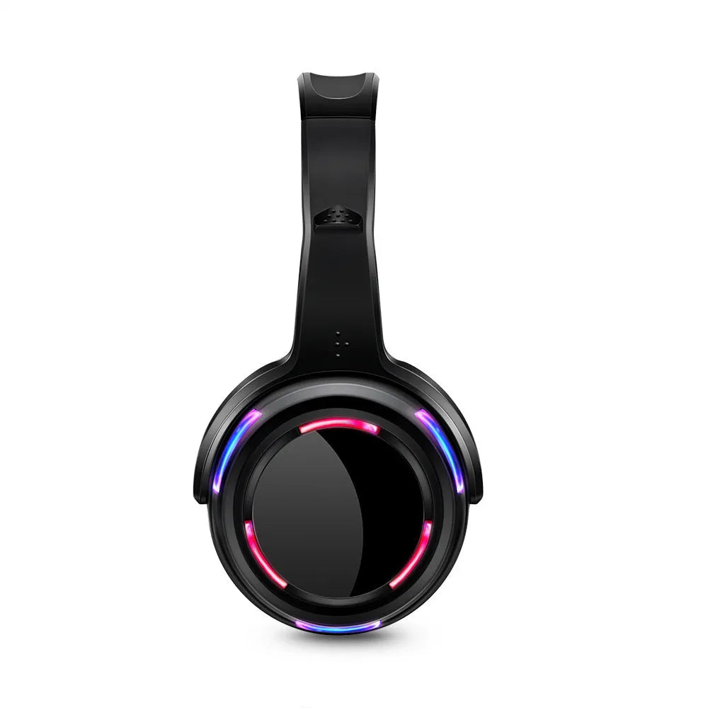 Black silent disco wireless headphones with a 3.5mm plug and long cable.