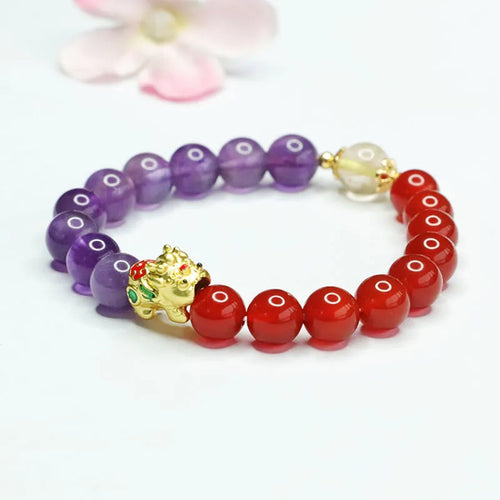 Amethyst red agate bracelet with 8mm Chinese-style beads on wrist