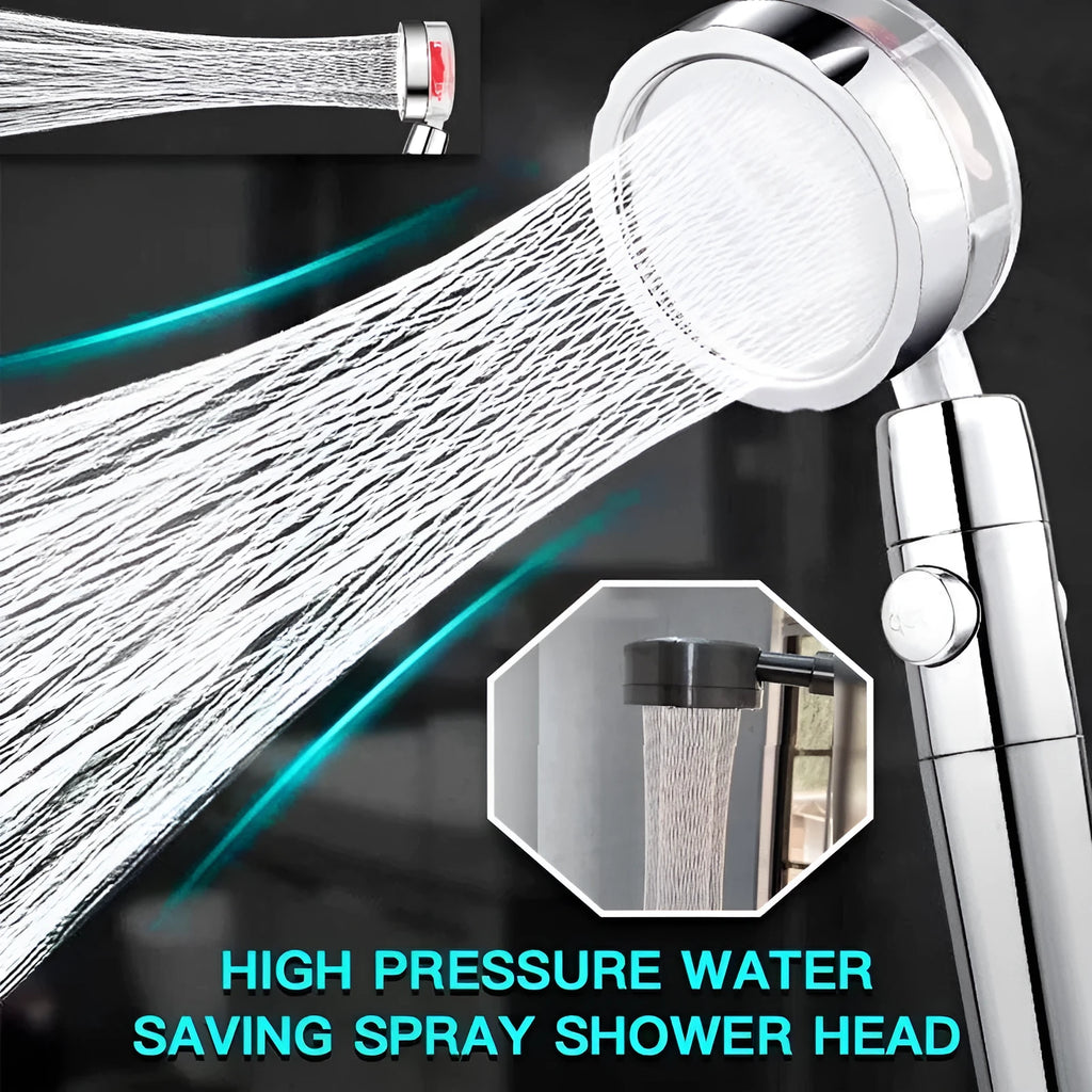 Blue handheld shower head with stop button and turbo nozzle on a chrome bracket.