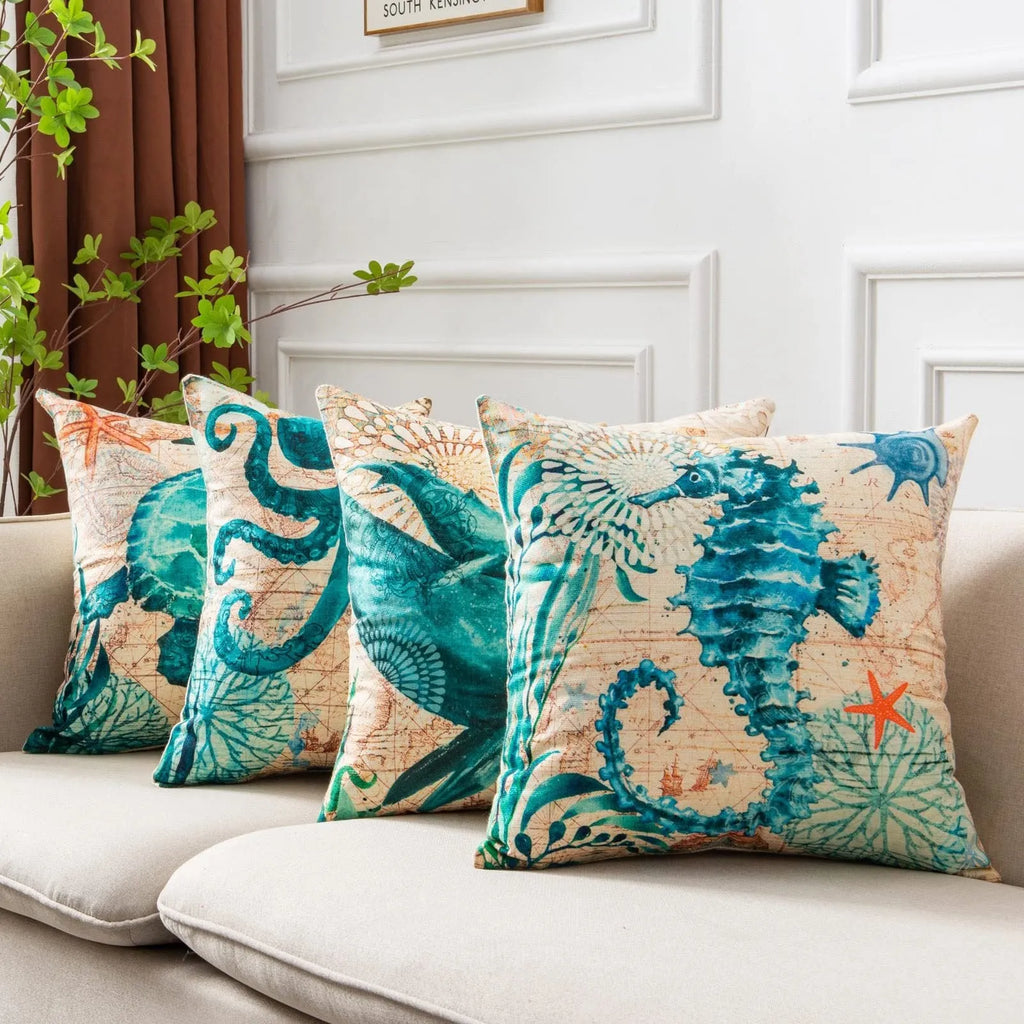 Linen cushion cover with sea turtle pattern measuring 45x45cm with invisible zipper