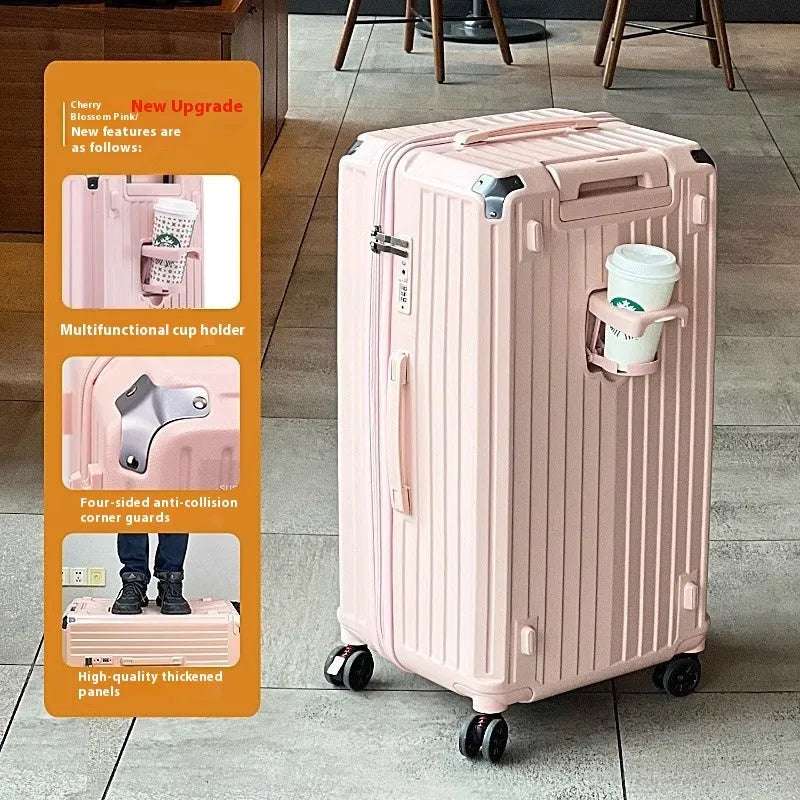 Five-wheel super large capacity traveling trolley case in Ivory White, ABS PC material, with antibacterial lining and brake wheel