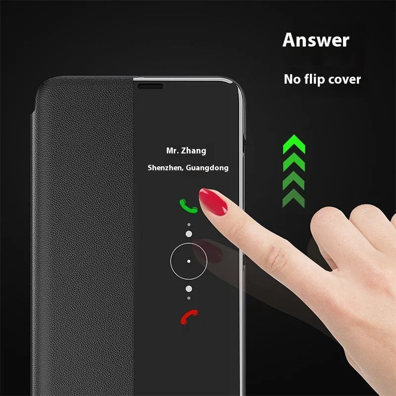Huawei phone case with magnetic side window, flip bracket, PC leather, Chinese red colour, for Mate 60