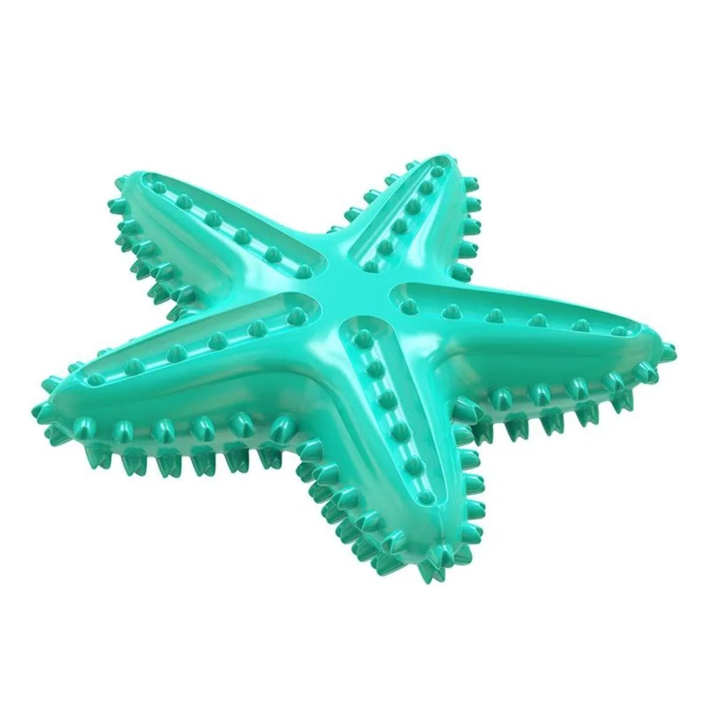 Edible TPR starfish dog toy with squeaker for tooth cleaning in blue, green and yellow colours