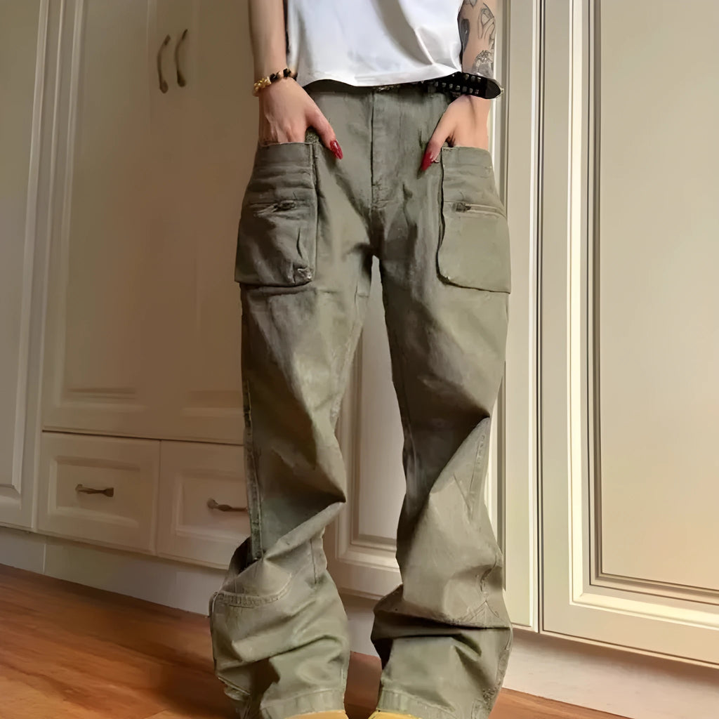 Green double zipper cotton workwear casual pants with a pocket, shown in mid-waist overalls style.