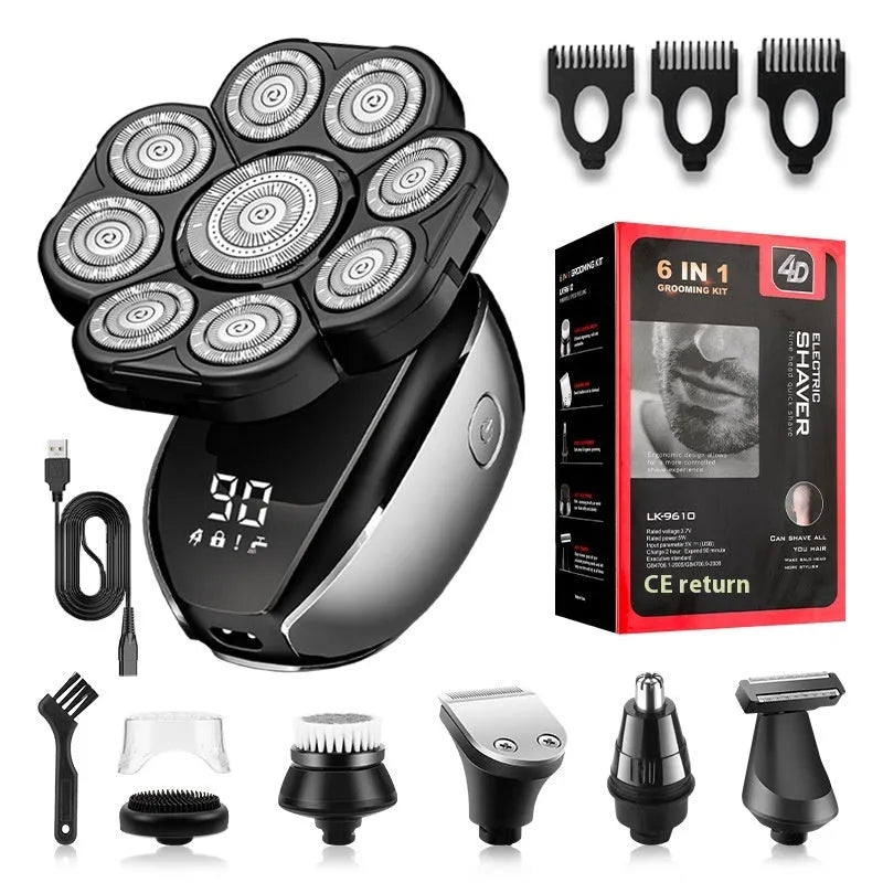 Black rechargeable 6-in-1 multifunctional hair clipper kit with attachments laid out.